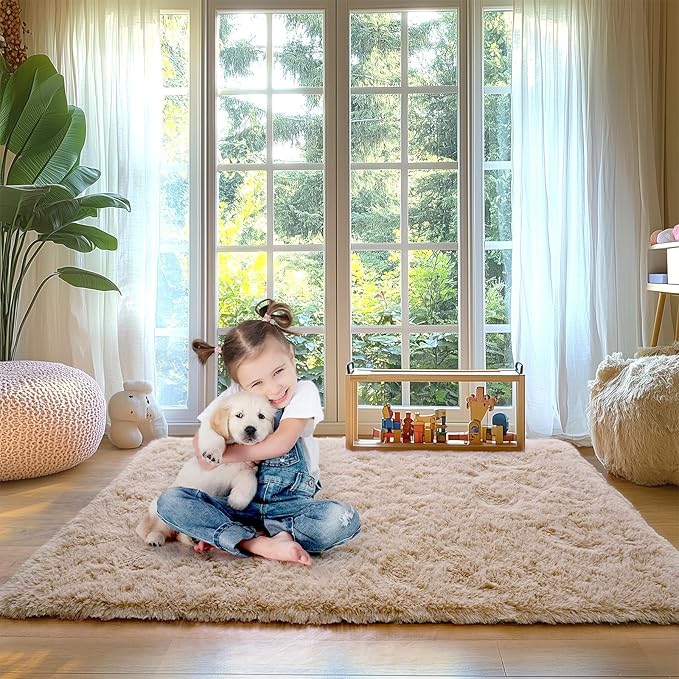 Beige Fluffy Rug for Bedroom 3x5 ft Small Rug - Ultra Soft & Non Slip Shaggy Area Rug, Comfy Durable Carpet for Living Room Kids Room Teens Dorm Home Decor, 1.7'' Thick Indoor Plush Carpets
