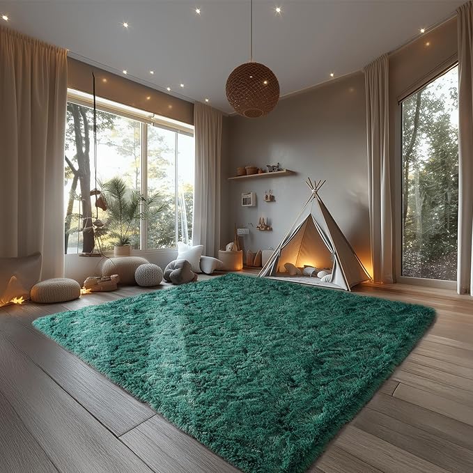 Zentavio Dark Green Area Rugs for Living Room Emerald Green Rugs for Bedroom 9x12 Fluffy Fake Grass Large Carpet for Kids Room Playroom Furry Shag Aesthetic Soft High Pile Washable Home Decor