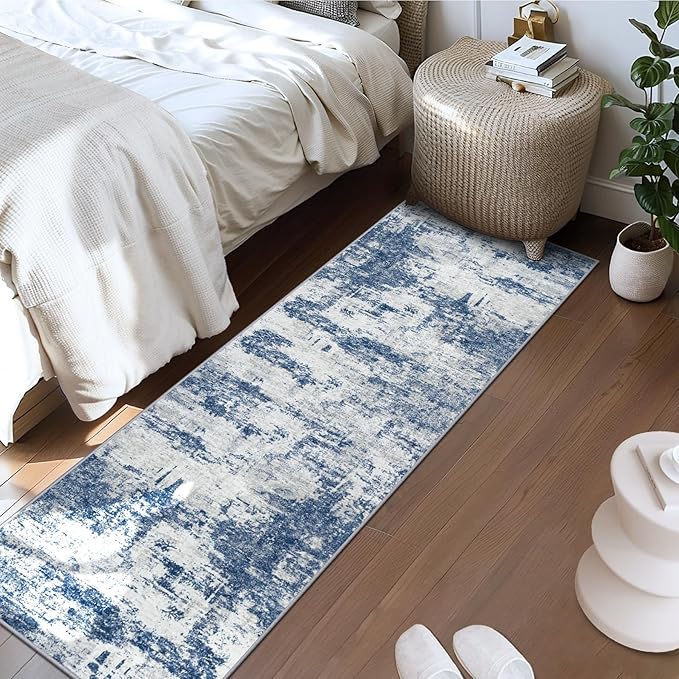 Runner Rug 2'6''x8' Washable Runner Rug: Machine Washable Kitchen Area Rug with Anti-Slip Backing Non-Shedding Stain-Resistant Long Soft Carpet Runner for Hallway, Bedroom, Laundry Room-Gray/Blue