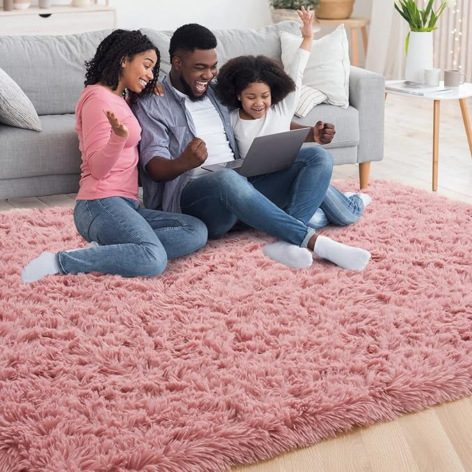 YJ.GWL Area Rugs for Living Room Bedroom, 9x12 Machine Washable Large Dirt Pink Carpet, Soft Fluffy Shaggy Thick Big Shag Indoor Floor Rug for Kids Boy and Girls Room Dorm Home Decor Aesthetic