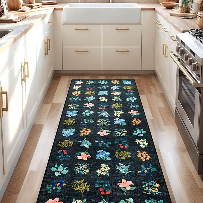 2x6 Floral Runner Rug Soft Non-Slip Machine Washable Kitchen Rug Runners for Hallway Bedroom Laundry Entrance Indoor Carpet, Flower Accent Throw for Girls Room, Navy Blue
