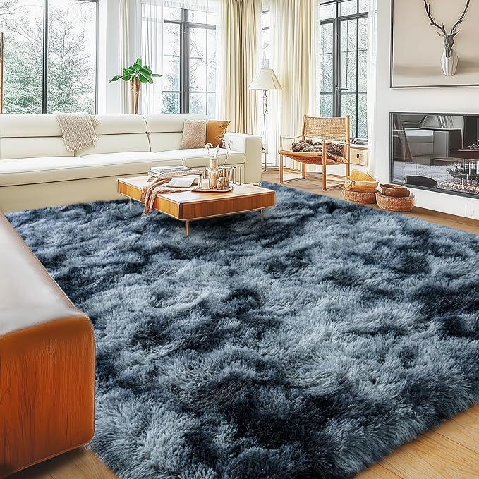 Large Area Rugs for Bedroom, 5x7 Feet Tie-Dyed Blue Grey Shaggy Fluffy Throw Carpets, Ultra Soft Plush Modern Indoor Fuzzy Rugs for Living Room Kids Room Nursery Dorm Home Decor
