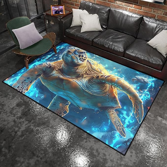 Sea Turtle Carpet Rug - Kids Coastal Rugs for Bedroom Deep Sea Turtle Area Rug for Living Room Ocean Life Theme, 59" L x 39" W