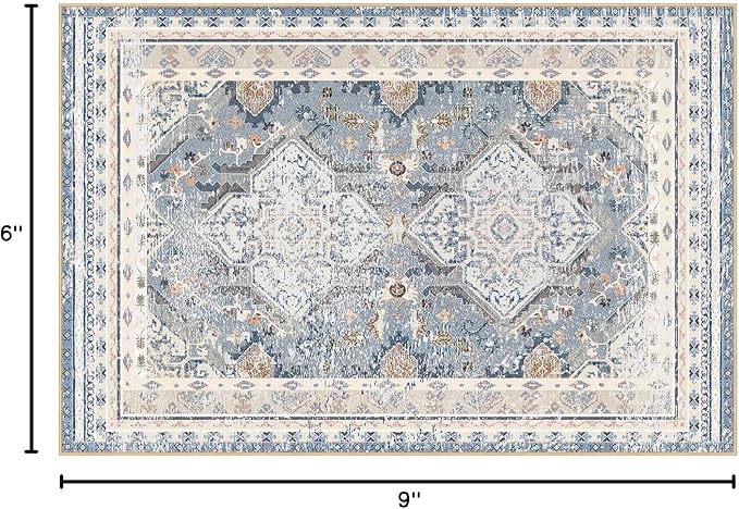Phantoscope Vintage Collection Area Rug 6'x9' - Large Living Room Rug - Washable Rug Boho Rugs Non-Slip for Bedroom Dining Room, Low-Pile Floor Carpet Distressed Accent Rug, Dusty Blue/Multi