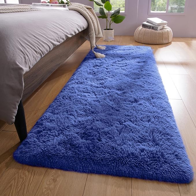 YJ.GWL Fluffy Runner Rugs for Bedroom Living Room Soft Shag Rug 2x6 Feet, Light Navy Plush Carpet Non Slip for Nursery Dorm, Fuzzy Bedside Rug for Kids Boys Room Home Decor