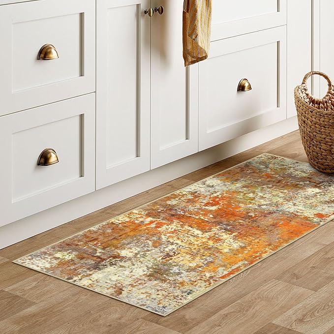 Lahome Modern Abstract Runner Rug - 2x4.3 Washable Kitchen Soft Laundry Room Rugs Bathroom Mat, Contemporary Non Slip Indoor Throw for Entryway Living Room, Yellow/Gold/Cream 2' x 4.3'