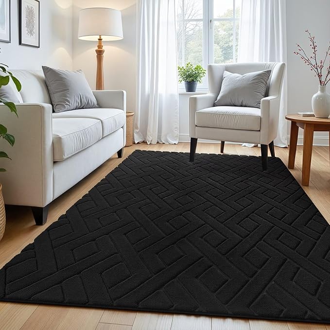 Ultra Soft Black Area Rug for Bedroom, 4x6 Modern Geometric Shag Rugs with Nonslip Backing for Living Room, Washable Fuzzy Carpet for Cozy Kids Room Nursery
