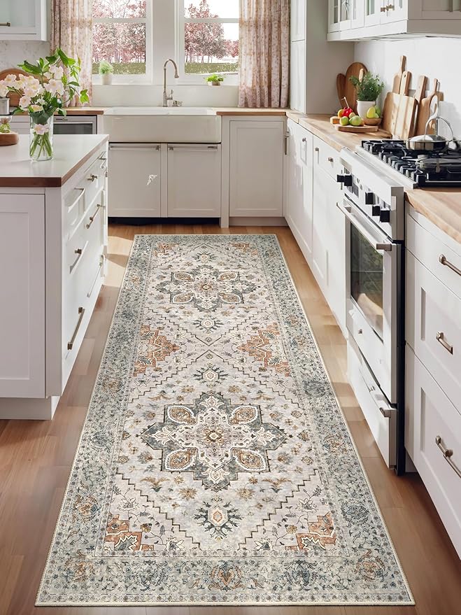 2x6 Washable Runner Rug for Hallways, Non Slip Vintage Runner Rugs, Soft Low Pile Long, Print Distressed Taupe Carpet Runners for Kitchen Bedroom Entryway Bathroom Living Room