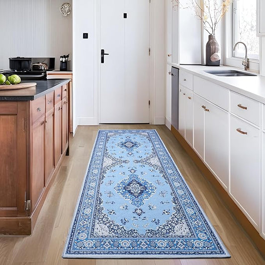 Tepook 2x6 Vintage Runner Rug - Low Pile Washable Non-Slip Carpet for Hallway, Kitchen, Bedroom, Entryway, Laundry Room, Bathroom - Indoor Throw Rug in Blue