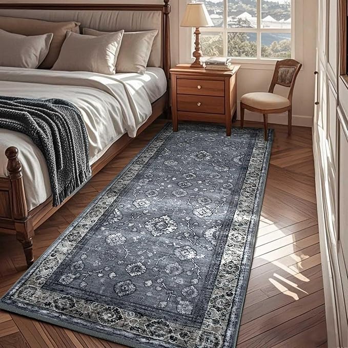 2x6 Runner Rug,Washable Kitchen Rugs with Non-Slip Backing,Low Pile Vintage Area Rug for Kitchen Floor, Hallway,Bathroom,Bedroom,Lightgrey