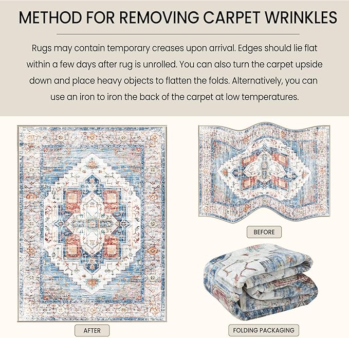 Washable 9x12 Area Rugs, Rugs for Living Room, Low-Pile Water&Stain Resistant Carpet Vintage Distressed Printed Non-Slip Carpet for Bedroom Bathroom Kitchen-Blue