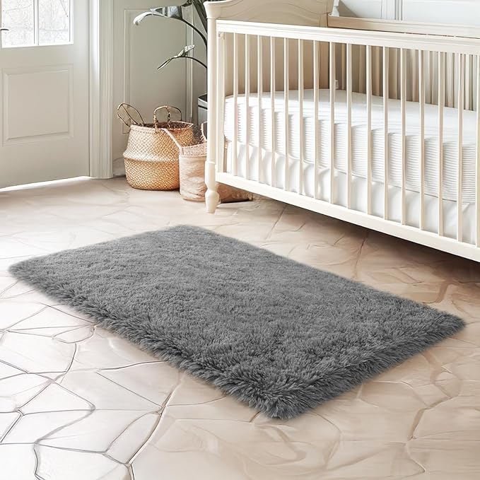 2x3 Rug for Bedroom, Fluffy Area Rugs for Living Room, Small Soft Shag Fuzzy Shaggy Carpets for Kids Boys and Girls Dorm with 4 Non-Slip Rug Tapes for Room Home Decor (2ft x 3ft, Dark Grey)