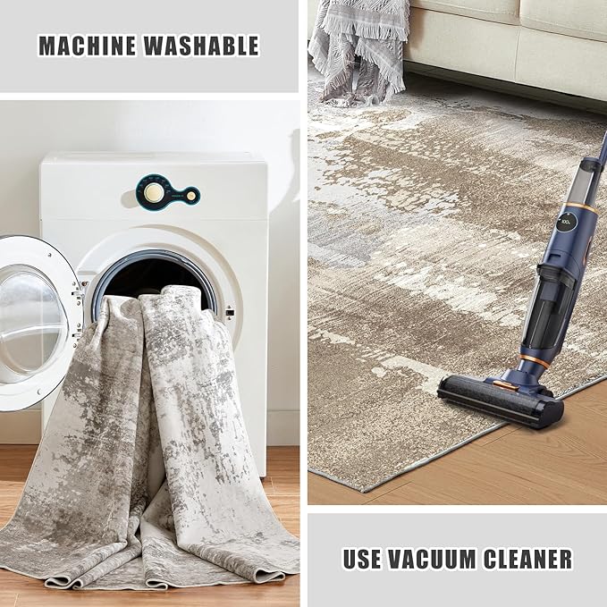Washable Rug 5x7 Soft Low Pile Abstract Large Area Rug with Non Slip Backing Modern Lightweight No Shedding Machine Washble Carpet for Living Room Bedroom Dining Room Home Decor, Brown