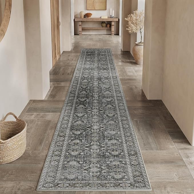 Black Runner Rug 3x10 Vintage Area Carpet Hallway Long Indoor Kitchen Washable Living Room Low Pile Traditional Distressed Retro Accent Throw Rug Non Slip Laundry Bathroom Office Dining Room