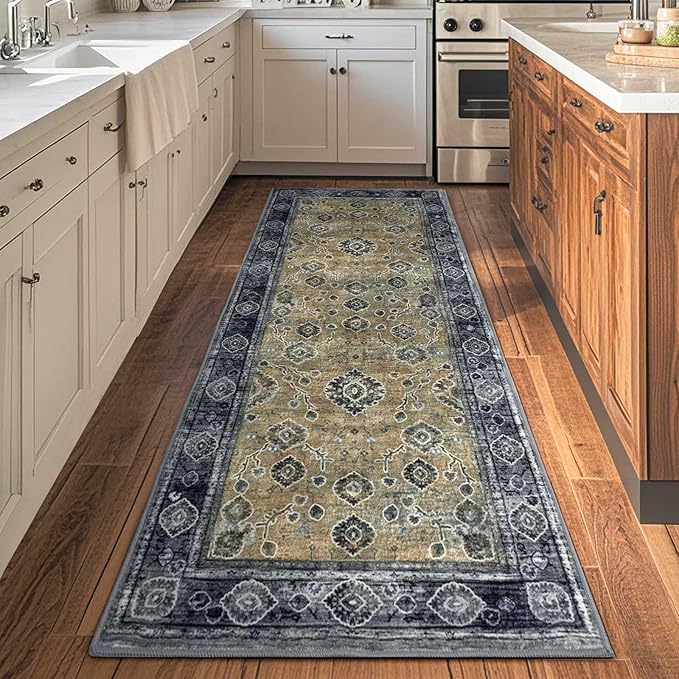 2x6 Runner Rug,Washable Kitchen Rugs with Non-Slip Backing,Low Pile Vintage Area Rug for Kitchen Floor, Hallway,Bathroom,Bedroom,Black&Yellow