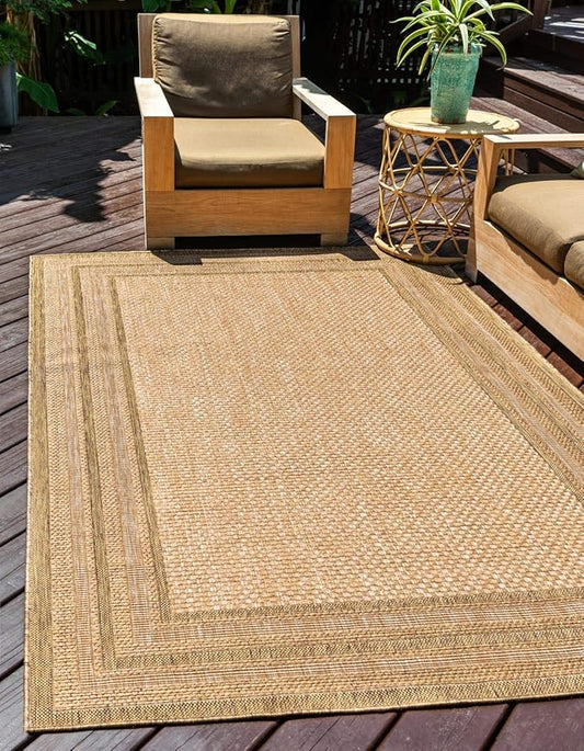 Unique Loom Outdoor Border Collection Area Rug - Multi Border (7' 1" x 10' Rectangle Tan/Light Brown)