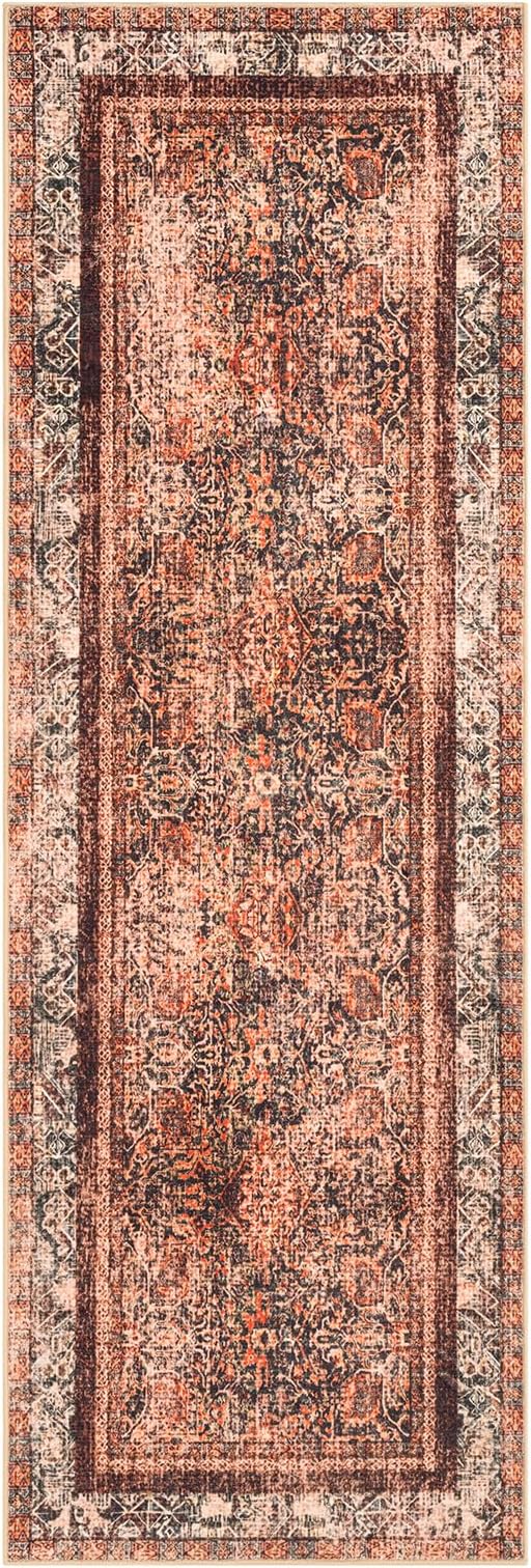 Phantoscope Hallway Runner Rug 2'x6' - Boho Washable Non-Slip Kitchen Rug Runner, Ultra-Thin Vintage Distressed Accent Throw R UG for Entryway Laundry Bathroom Bedroom, Brick Red/Black