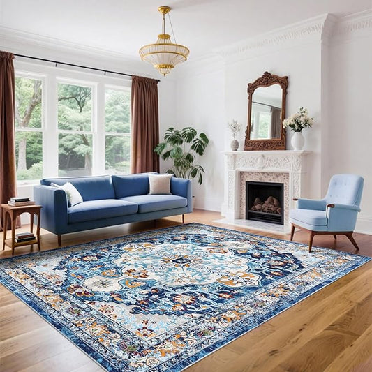 U'Artlines Boho Vintage Area Rug 8x10 Machine Washable Low Pile Soft Floor Carpet Non Slip Non Shedding Accent Rug for Living Room Bedroom Entryway Dining Room Office Blue