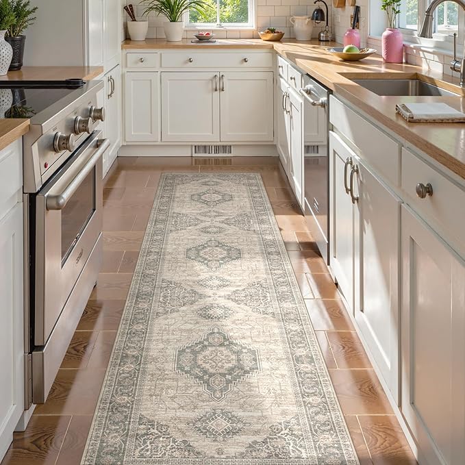 Lahome Oriental Kitchen Runner Rug, 2x6 Washable Rug Runners for Hallway 6 Feet Non Slip, Vintage Soft Long Carpet for Laundry Room Bedside Entryway, Grey/Brown