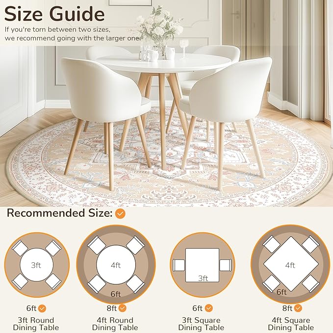 BESTSWEETIE 6ft Area Rugs for Living Room Washable Non Slip Carpet Low Pile Soft Vintage Print Pattern Rug for Bedroom Dining Room Kitchen Entryway Indoor-Cream/Light Yellow/Brown/Blue/Red/Pink