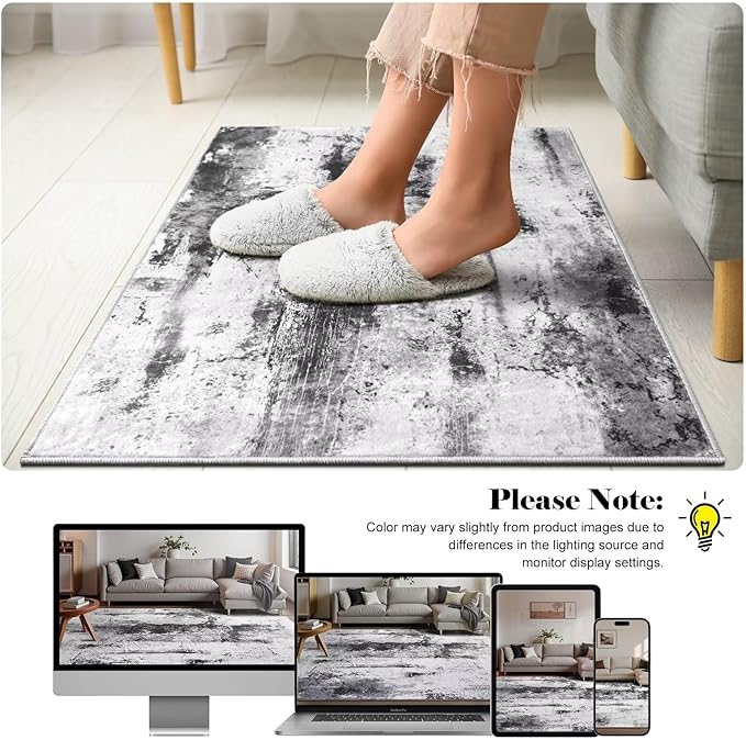 Washable Abstract Rug, 2x3 Small Modern Area Rugs with Non-Slip Rubber Backed for Kitchen, Thin but Soft Throw Carpet Bedroom Entryway Front Door Decor, Black Grey