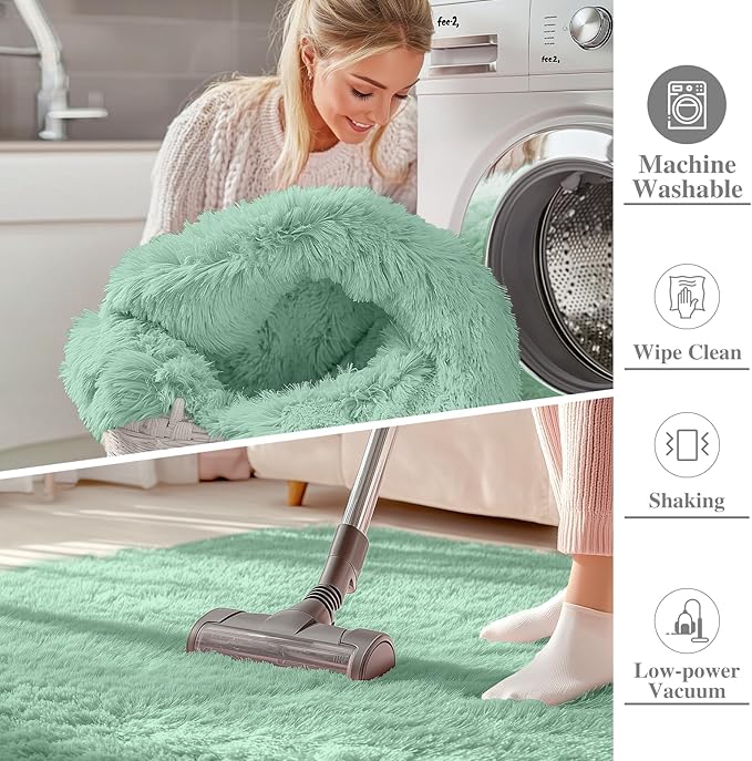 OLANLY 3x5 Machine Washable Small Bedside Rug, Soft Fluffy Shaggy Rugs for Living Room, Bedroom, Indoor Floor Carpet for Kids Girls and Boys, Preppy Dorms, Nursery, Home Decor Aesthetic, Mint Green