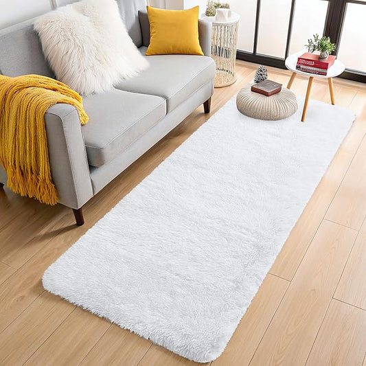 OLANLY 2x8 Machine Washable Runner Rugs for Hallway, Soft Fluffy Shaggy Bedside Rugs for Bedroom, Living Room, Indoor Floor Carpet for Kids Girls and Boys, Nursery Rooms, Home Decor Aesthetic, White