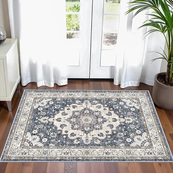 Washable 2x3 Entryway Area Rug: Vintage Non-Slip Backing Rugs for Kitchen Bathroom Water Resistant Carpet for Bedroom Soft Low Pile Front Door Mat for Dining Room 2x3 Blue