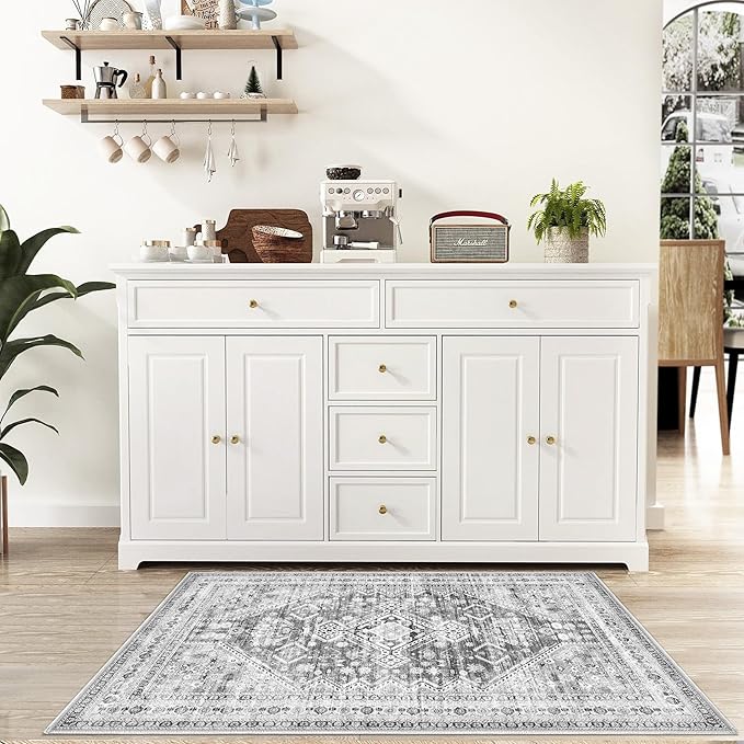 Zomfy Area Rug Vintage 2x3 Entryway Rugs: Small Washable Indoor Rug Traditional Oriental Medallion Rug for Bedroom Dining Table Kitchen Hallway(Grey, 2'x3')