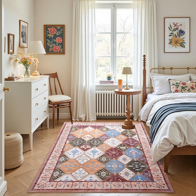 3x5 Washable Area Rug for Bedroom, Boho Non-Slip Living Room Rugs, Moroccan Floral Trellis Carpet Soft Low Pile Accent Indoor Mat for Bedside Entryway Kitchen Laundry Room, Brown