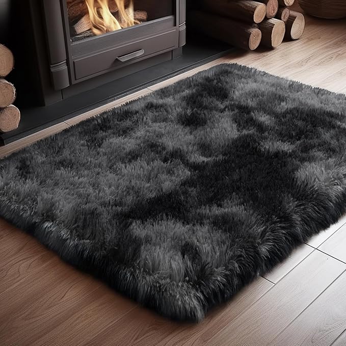 Zentavio Bedside Rugs Small 2x3 Shag Entry Entrance Rugs Soft Bedroom Carpet Area Rugs for Dorm College Essentials Non-Slip Living Room Throw Rug Home Decor Aesthetic Nursery Tie-Dyed Black Grey