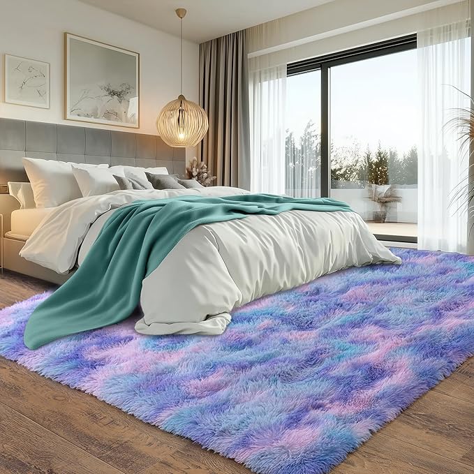 Purple Rainbow Fluffy Rug for Bedroom 8x10 ft Large - Ultra Soft & Non Slip Shaggy Area Rug, Comfy Durable Carpet for Living Room Kids Room Teens Dorm Home Decor, 1.7'' Thick Indoor Plush Carpets