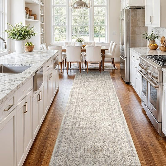 3x14 Runner Rug for Hallway Washable: Non Slip Kitchen Rugs with Rubber Backing Soft Waterproof Mats Stain Resistant Indoor Vintage Carpet Runner for Bedroom Bathroom Laundry Entryway Beige/Gray