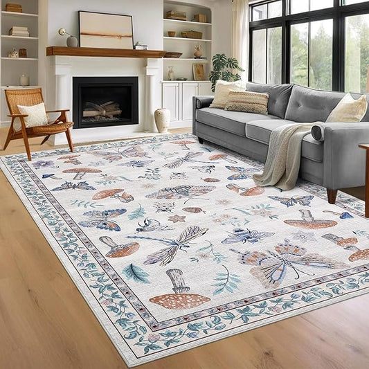 Washable Rug 9x12 Area Rugs for Living Room, Mushroom Insect for Bedroom, 9x12 Rug Non Slip Carpet with Rubber Back, Low Pile Stain Resistant Modern Carpet for Dining Room Dorm, Beige