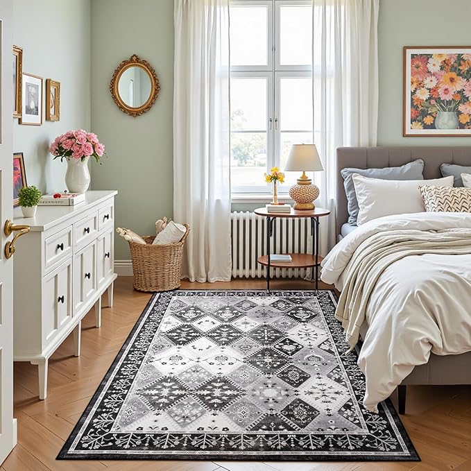 3x5 Washable Area Rug for Bedroom, Black/Grey Boho Non-Slip Living Room Rugs, Moroccan Floral Trellis Carpet Soft Low Pile Accent Indoor Mat for Bedside Entryway Kitchen Laundry Room