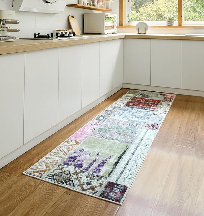 Washable Patchwork Runner Rug with Faux Wool Fabric and Non-Slip Backing for Living Room, Bedroom, Hallway, Printed Boho Floor Decoration Stain-Resistant Foldable Mat (Multi, 2'6" x 10')