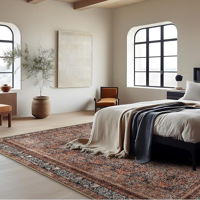Phantoscope Vintage Collection Area Rug - 8'x10' Large Living Room Rug - Washable Boho Non-Slip for Bedroom & Dining Room, Distressed Accent Floor Carpet, Low-Pile, Brick Red/Black