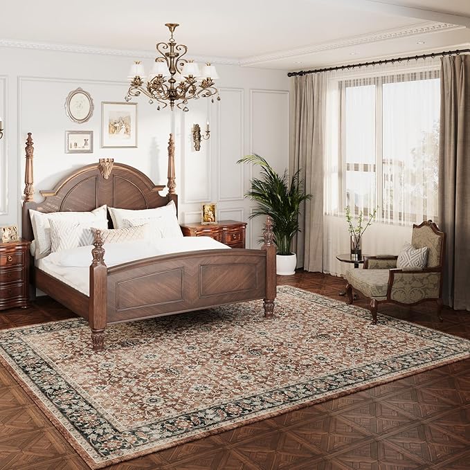 Large Area Rugs 9x12 Living Room Burnt Orange, Living Room Stain Resistant Carpet Vintage Rugs for Bedroom with Non Slip Backing,Indoor Floor Accent Rugs for Home Office