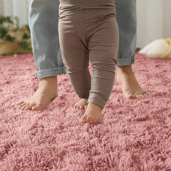 YJ.GWL Area Rugs for Living Room Bedroom, 9x12 Machine Washable Large Dirt Pink Carpet, Soft Fluffy Shaggy Thick Big Shag Indoor Floor Rug for Kids Boy and Girls Room Dorm Home Decor Aesthetic