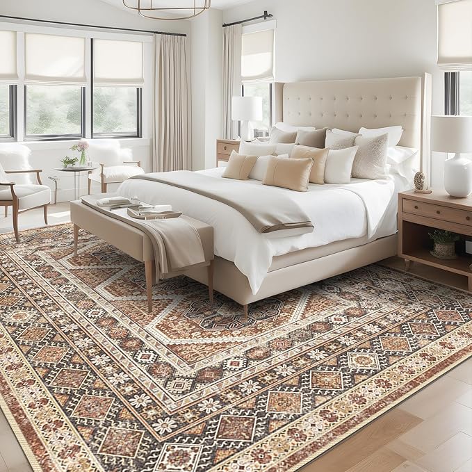 Washable Living Room Area Rug: 9x12 Large Super Soft Vintage Rugs Bedroom Oriental Indoor Rug Water Resistant Ultra Thin Carpet Non-Slip Backing Distressed Rugs for Kitchen 9x12 Brick
