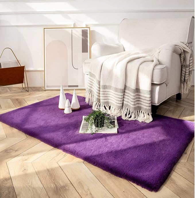 Ashler Faux Fur Rug, Ultra Soft Faux Rabbit Fur, Purple Area Rugs, 3 x 5 Feet Rectangle, Machine Washable Nursery Decor Throw Rugs for Bedroom, Kids Room, Living Room