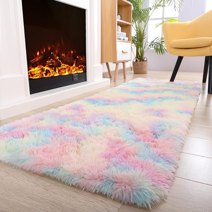 Noahas Fluffy Rainbow Rugs for Bedroom Girls,2x6 Shag Pink Kids Room Rug,Shaggy Area Rugs for Living Room,Soft Fuzzy Colorful Playroom Nursery Dorm Carpets Room Decor