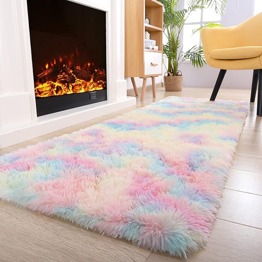 Noahas Fluffy Rainbow Rugs for Bedroom Girls,2x6 Shag Pink Kids Room Rug,Shaggy Area Rugs for Living Room,Soft Fuzzy Colorful Playroom Nursery Dorm Carpets Room Decor