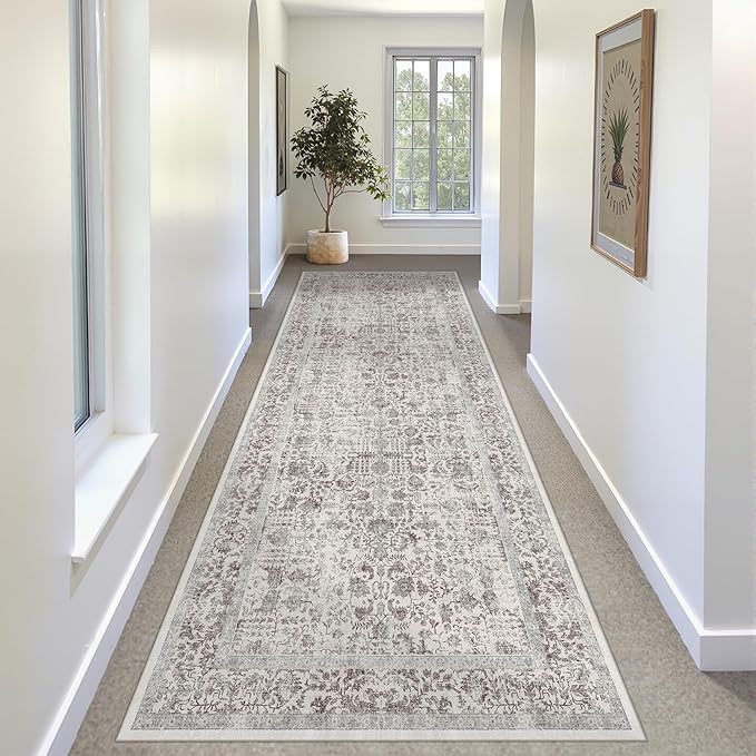 Taupe Runner Rug 3x10 Hallway Machine Washable Kitchen Vintage Distressed Non Slip Long Carpet Indoor Retro Floral Bedroom Accent Throw Rug for Bathroom Office Laundry Dining Living Room