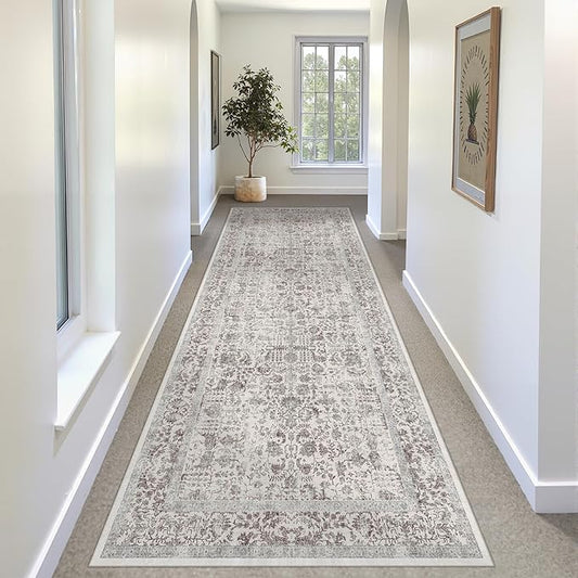 Taupe Runner Rug 3x10 Hallway Machine Washable Kitchen Vintage Distressed Non Slip Long Carpet Indoor Retro Floral Bedroom Accent Throw Rug for Bathroom Office Laundry Dining Living Room