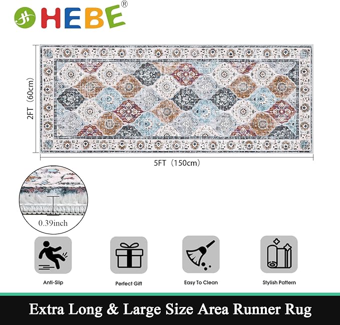 HEBE Hallway Runner Rug 2'x5' Washable Vintage Distressed Area Rugs Non Slip Laundry Rug Runner Boho Floor Carpet Runners for Hallways Entryway Laundry Room Kitchen Bathroom