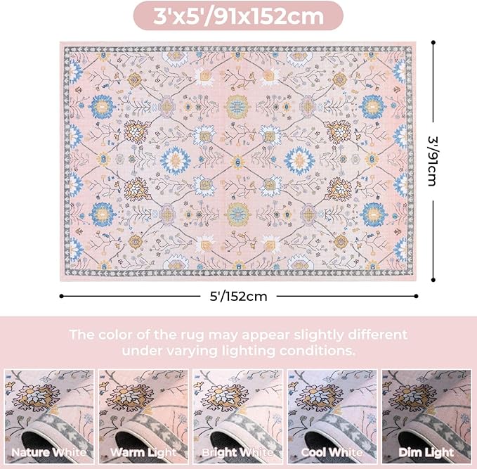 Syalife 3x5 Area Rugs, Non Slip Washable Low Pile Rugs for Living Room, Kitchen, Hallway, Bedroom Bedside, Kids Room, College Dorm (Pink Floral, 3'x5')