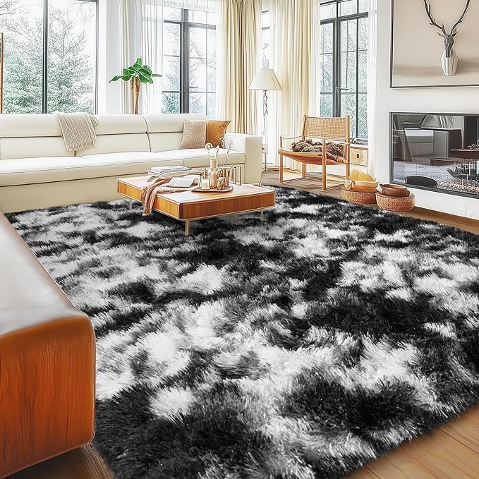Black and White Rug for Living Room, 6x9 Fluffy Plush Area Rugs Anti-Skid Floor Carpets, Ultra Soft Modern Indoor Shag Rug for Bedroom Nursery Kids Room Dorm Home Decor Aesthetic