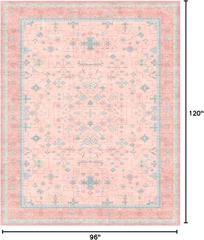Washable Pink and Blue 8x10 Oushak Rugs for Bedroom Girls Dorm Living Room, Modern Floral Aethestic Distressed Design, Soft Faux Wool Low Pile Non Slip Stain Resistance Carpet