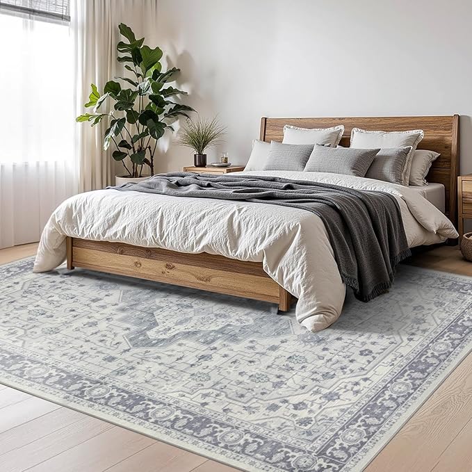 4x6 Washable Area Rug for Living Room, Vintage Boho Rugs for Office, Dining Room, Kids Room, Farmhouse, Durable Low Pile Non Slip Carpet for High Traffic Areas, Blue Quartz